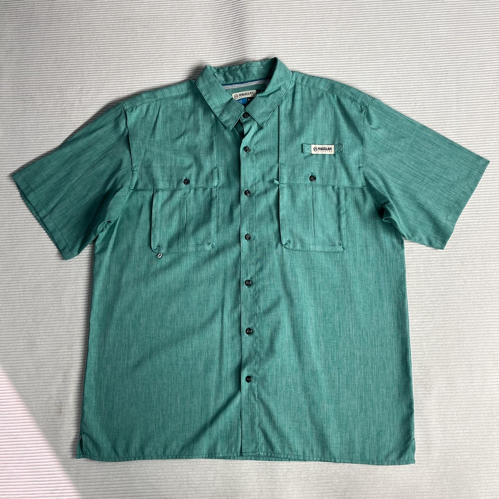 Magellan Outdoors Fish Gear Shirt Mens XL Green Short Sleeve Button Up Fishing